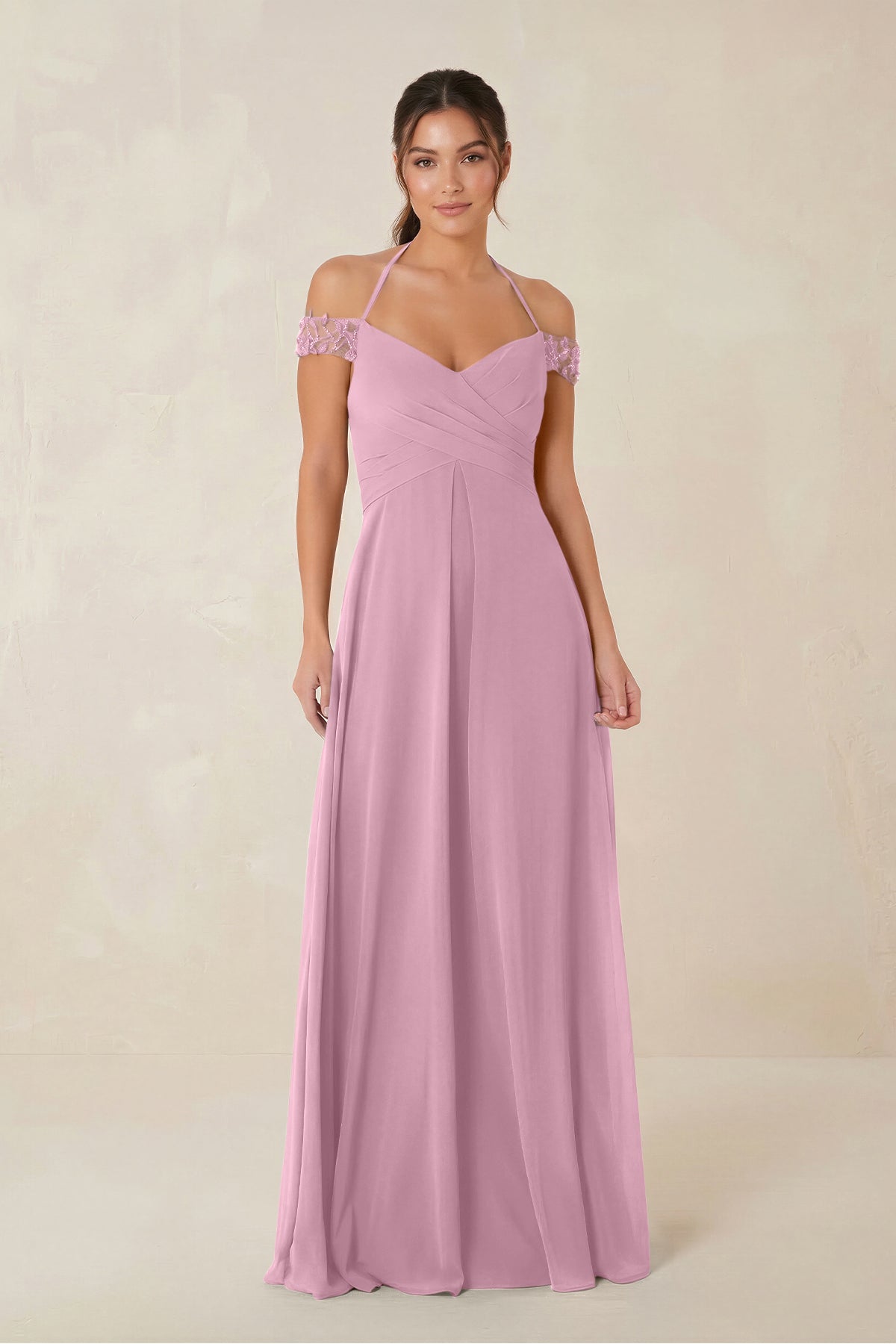 A-Line Off-the-Shoulder Chiffon Bridesmaid Dress in Vintage Mauve