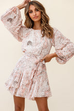 Angelini Long Sleeve Waist Tie Dress Floral Print Pink