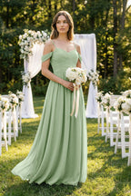 A-Line Off-the-Shoulder Pleated Chiffon Bridesmaid Dress in Sage