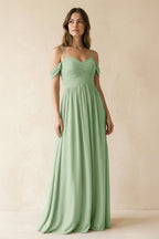 A-Line Off-the-Shoulder Pleated Chiffon Bridesmaid Dress in Sage