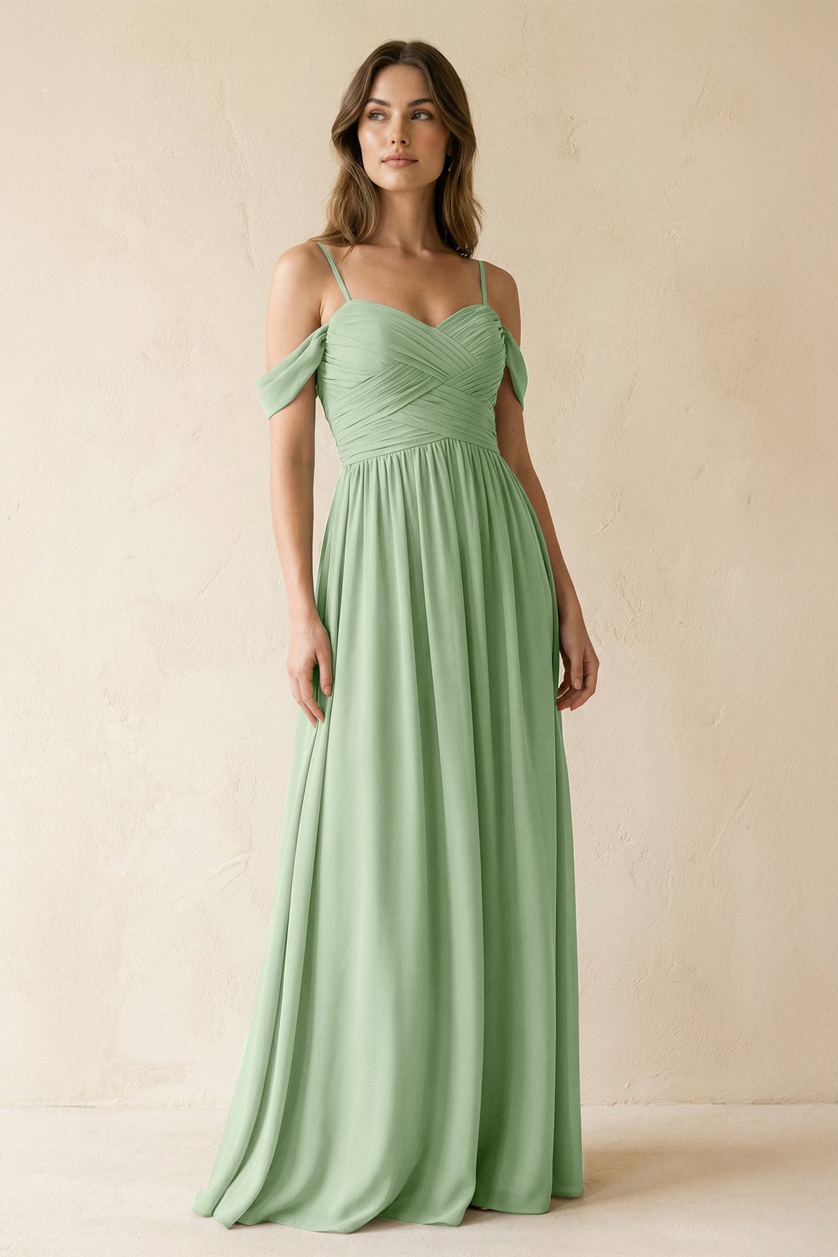 A-Line Off-the-Shoulder Pleated Chiffon Bridesmaid Dress in Sage