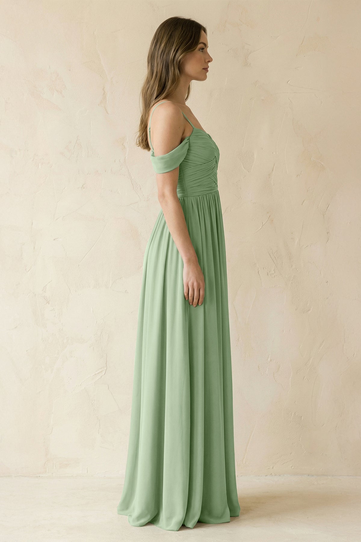 A-Line Off-the-Shoulder Pleated Chiffon Bridesmaid Dress in Sage