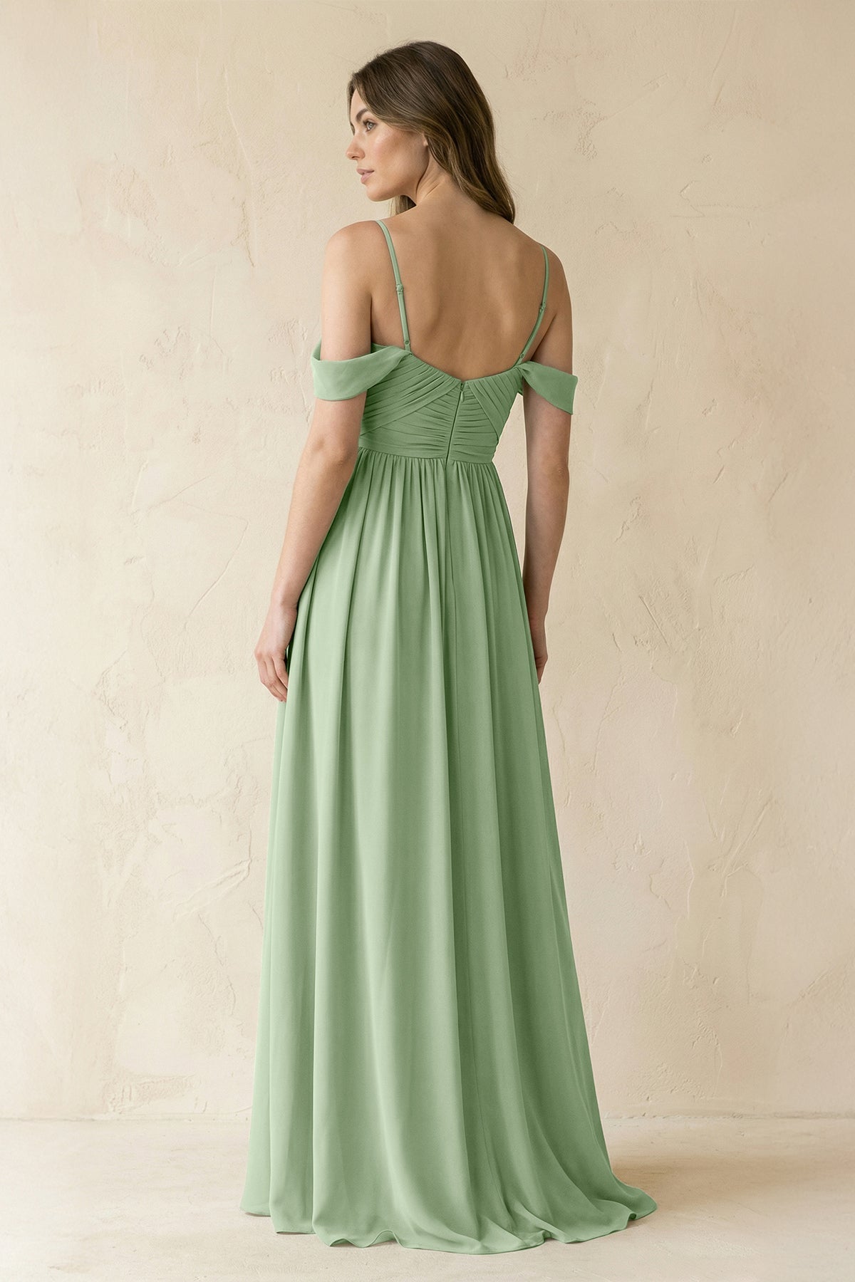 A-Line Off-the-Shoulder Pleated Chiffon Bridesmaid Dress in Sage