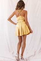 Agent 99 Belted Satin Cowl Neck Dress Mustard