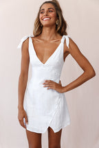 Bijoux Faux Placket Tied Shoulder Dress Square Stitch White