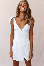 Bijoux Faux Placket Tied Shoulder Dress Square Stitch White