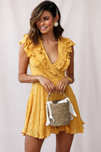 Asher Layered Frill Neckline Mini Dress Yellow