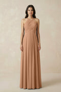 A-Line Halter Neck Pleated Chiffon Bridesmaid Dress in Bronzer