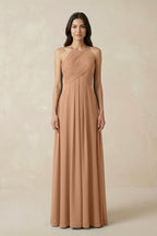 A-Line Halter Neck Pleated Chiffon Bridesmaid Dress in Bronzer