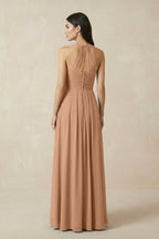 A-Line Halter Neck Pleated Chiffon Bridesmaid Dress in Bronzer
