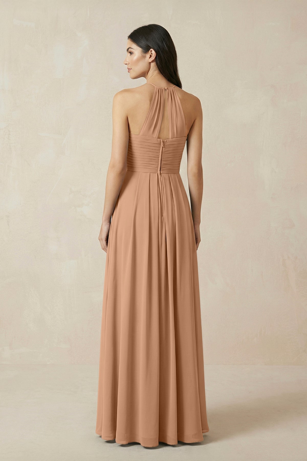 A-Line Halter Neck Pleated Chiffon Bridesmaid Dress in Bronzer