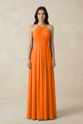 A-Line Halter Neck Pleated Chiffon Bridesmaid Dress in Cinnamon