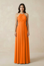 A-Line Halter Neck Pleated Chiffon Bridesmaid Dress in Cinnamon