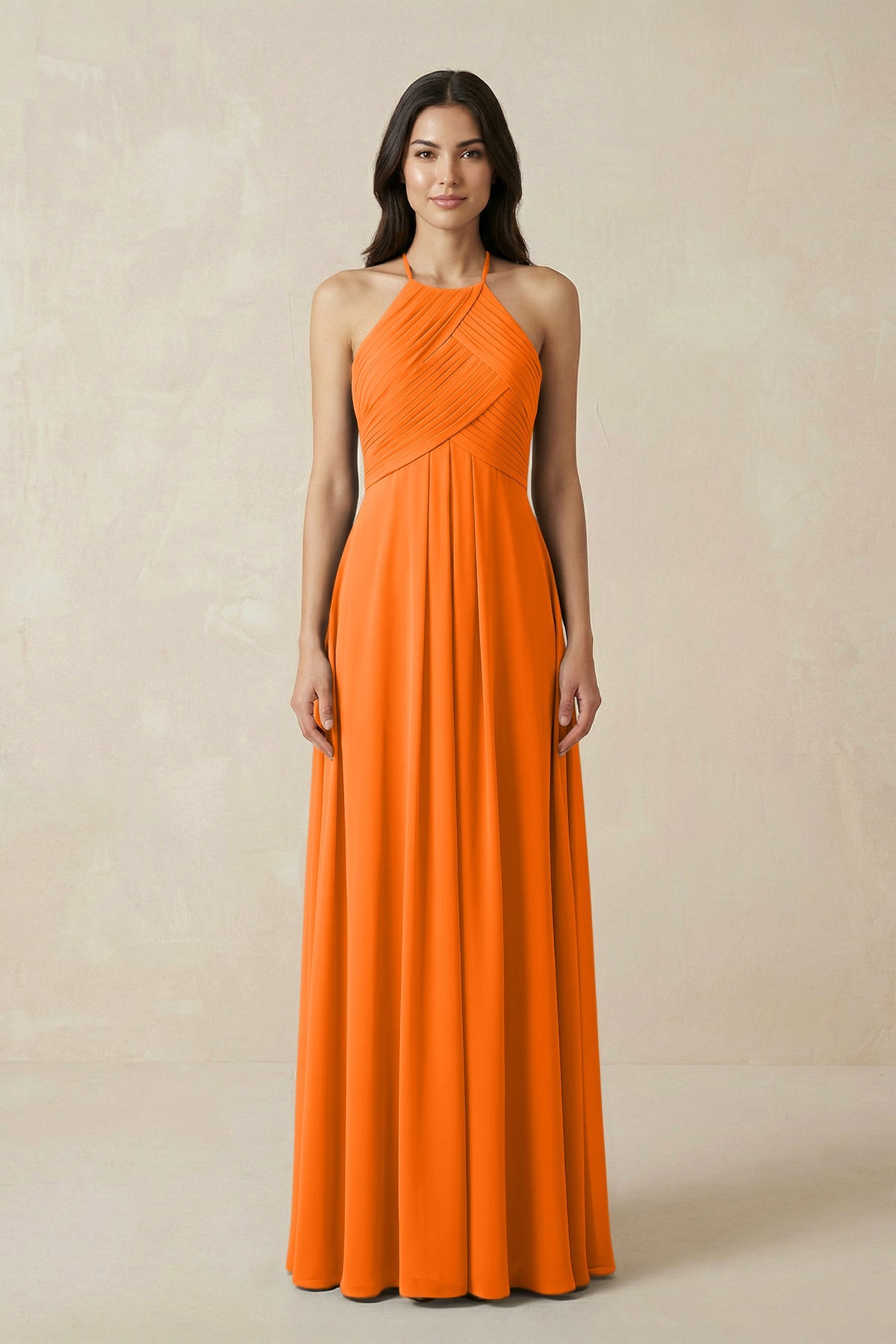 A-Line Halter Neck Pleated Chiffon Bridesmaid Dress in Cinnamon