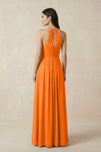 A-Line Halter Neck Pleated Chiffon Bridesmaid Dress in Cinnamon