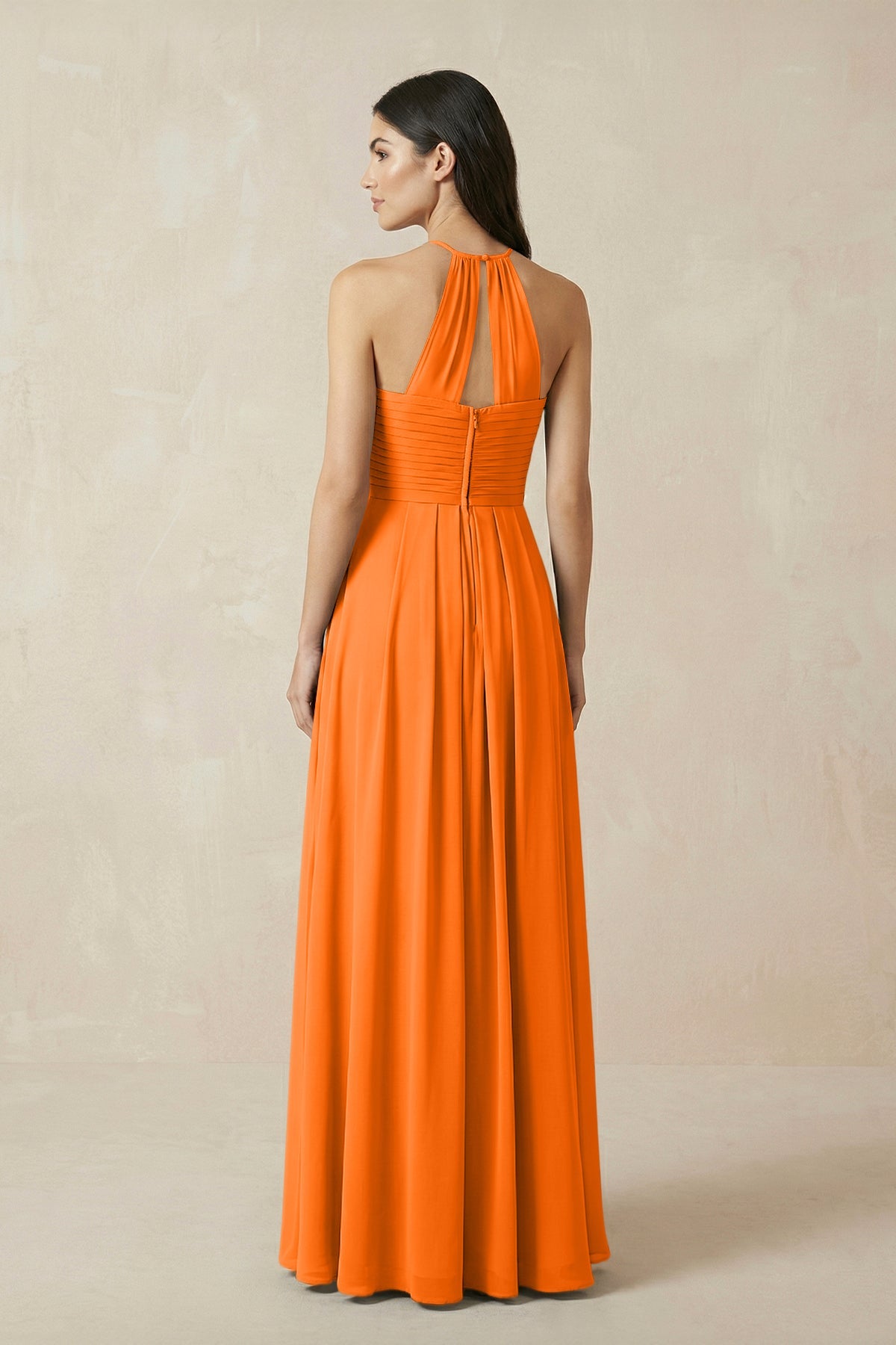 A-Line Halter Neck Pleated Chiffon Bridesmaid Dress in Cinnamon
