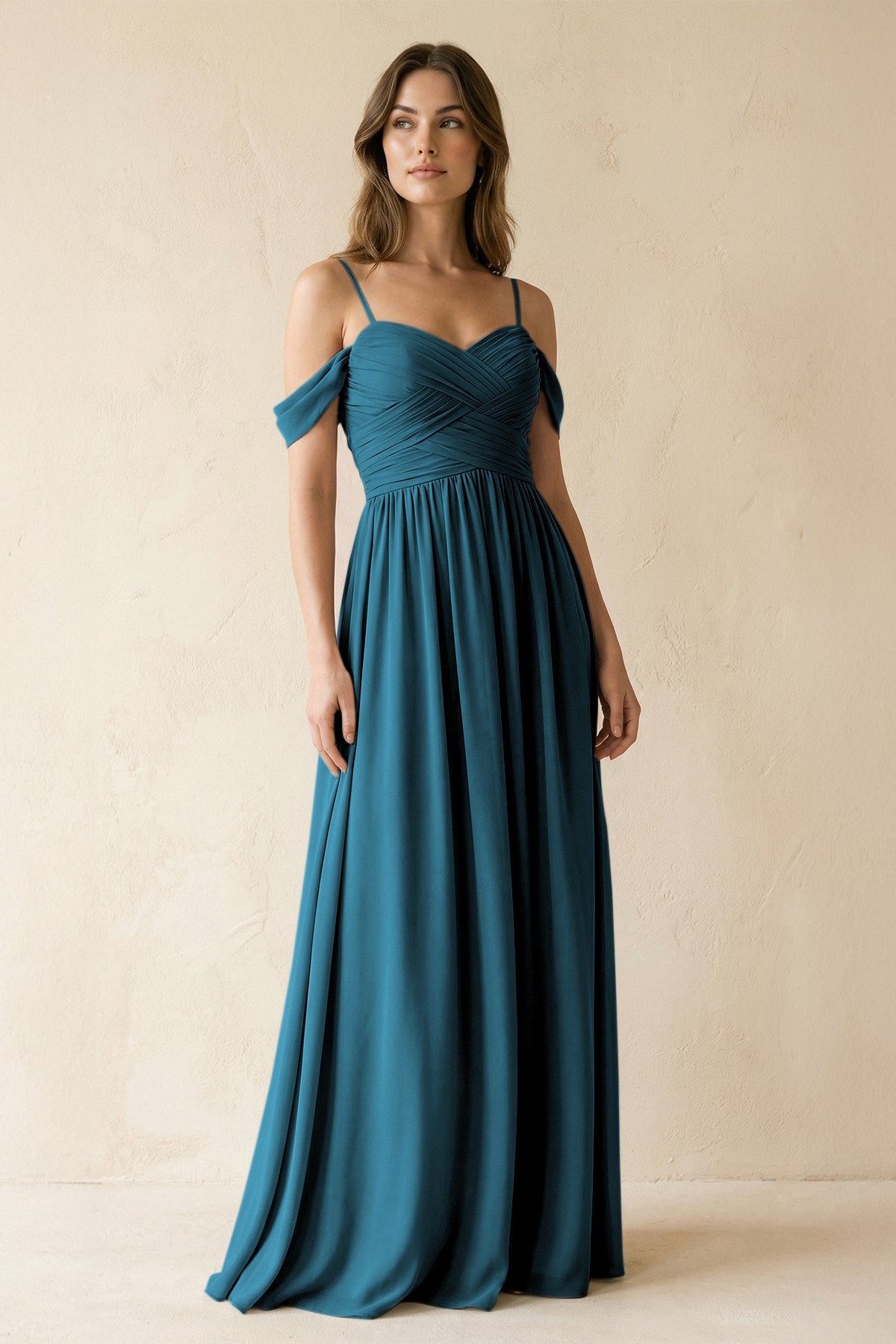 A-Line Off-the-Shoulder Pleated Chiffon Bridesmaid Dress in Dark Teal