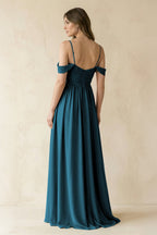 A-Line Off-the-Shoulder Pleated Chiffon Bridesmaid Dress in Dark Teal