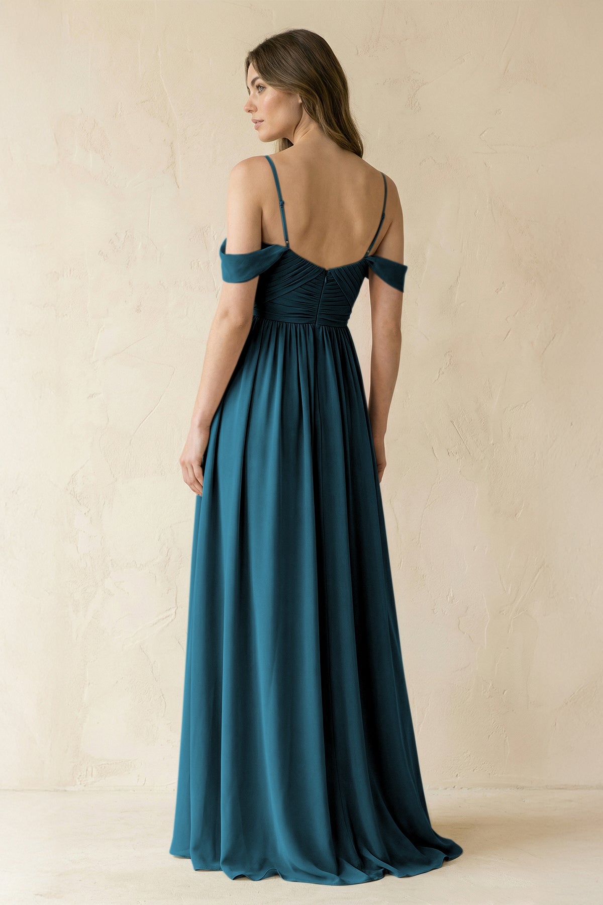 A-Line Off-the-Shoulder Pleated Chiffon Bridesmaid Dress in Dark Teal