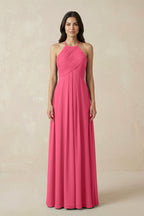 A-Line Halter Neck Pleated Chiffon Bridesmaid Dress in Fuchsia