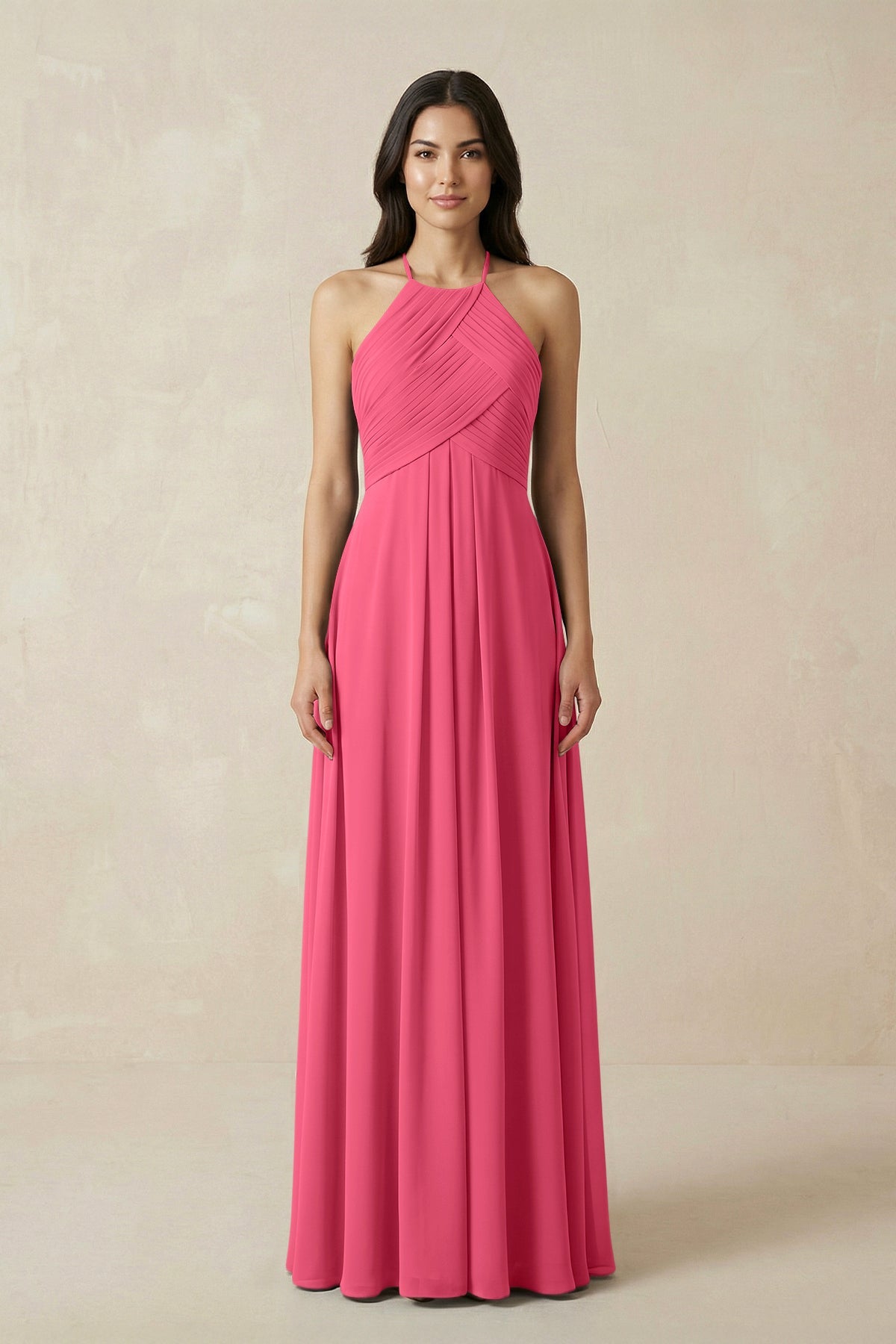 A-Line Halter Neck Pleated Chiffon Bridesmaid Dress in Fuchsia