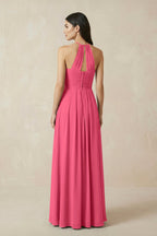A-Line Halter Neck Pleated Chiffon Bridesmaid Dress in Fuchsia