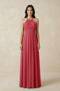 A-Line Halter Neck Pleated Chiffon Bridesmaid Dress in Merlot