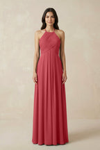 A-Line Halter Neck Pleated Chiffon Bridesmaid Dress in Merlot
