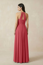 A-Line Halter Neck Pleated Chiffon Bridesmaid Dress in Merlot