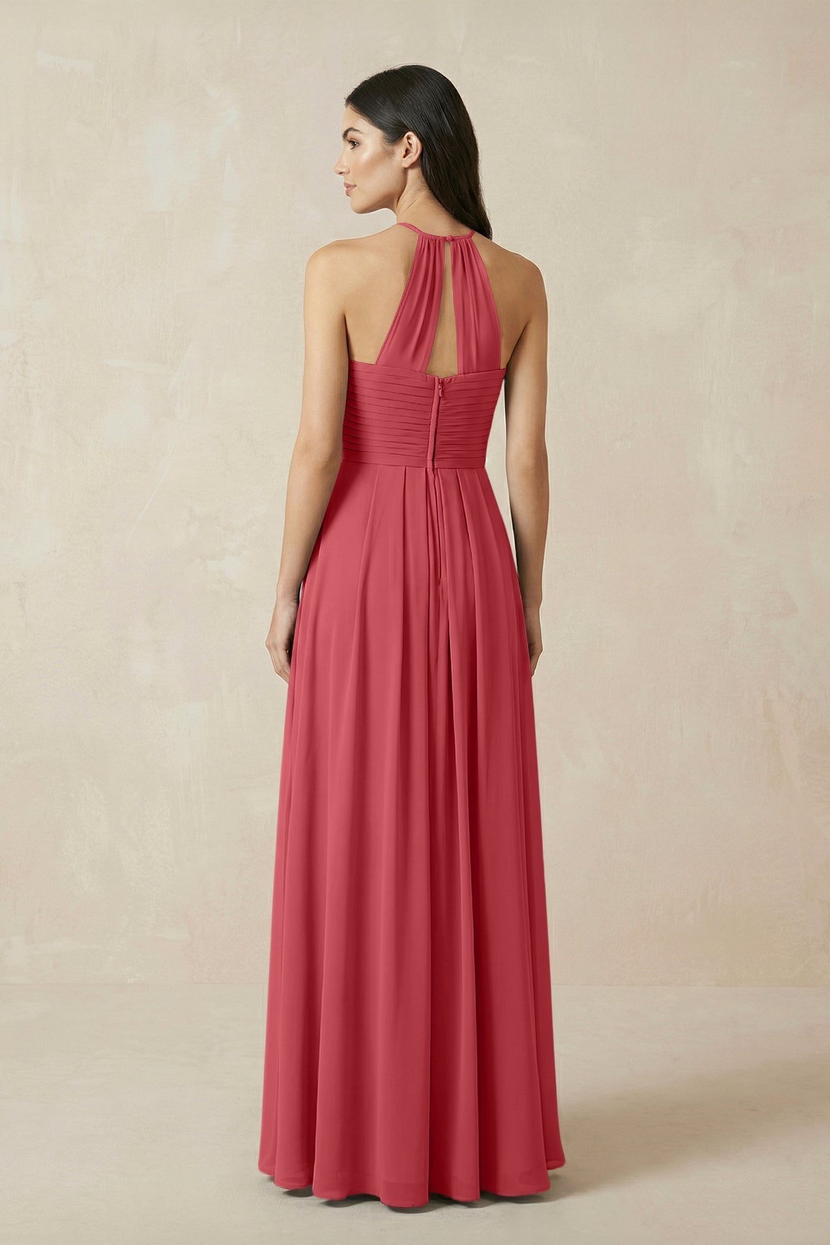 A-Line Halter Neck Pleated Chiffon Bridesmaid Dress in Merlot