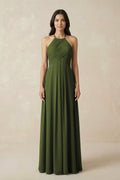 A-Line Halter Neck Pleated Chiffon Bridesmaid Dress in Olive