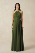 A-Line Halter Neck Pleated Chiffon Bridesmaid Dress in Olive