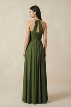 A-Line Halter Neck Pleated Chiffon Bridesmaid Dress in Olive