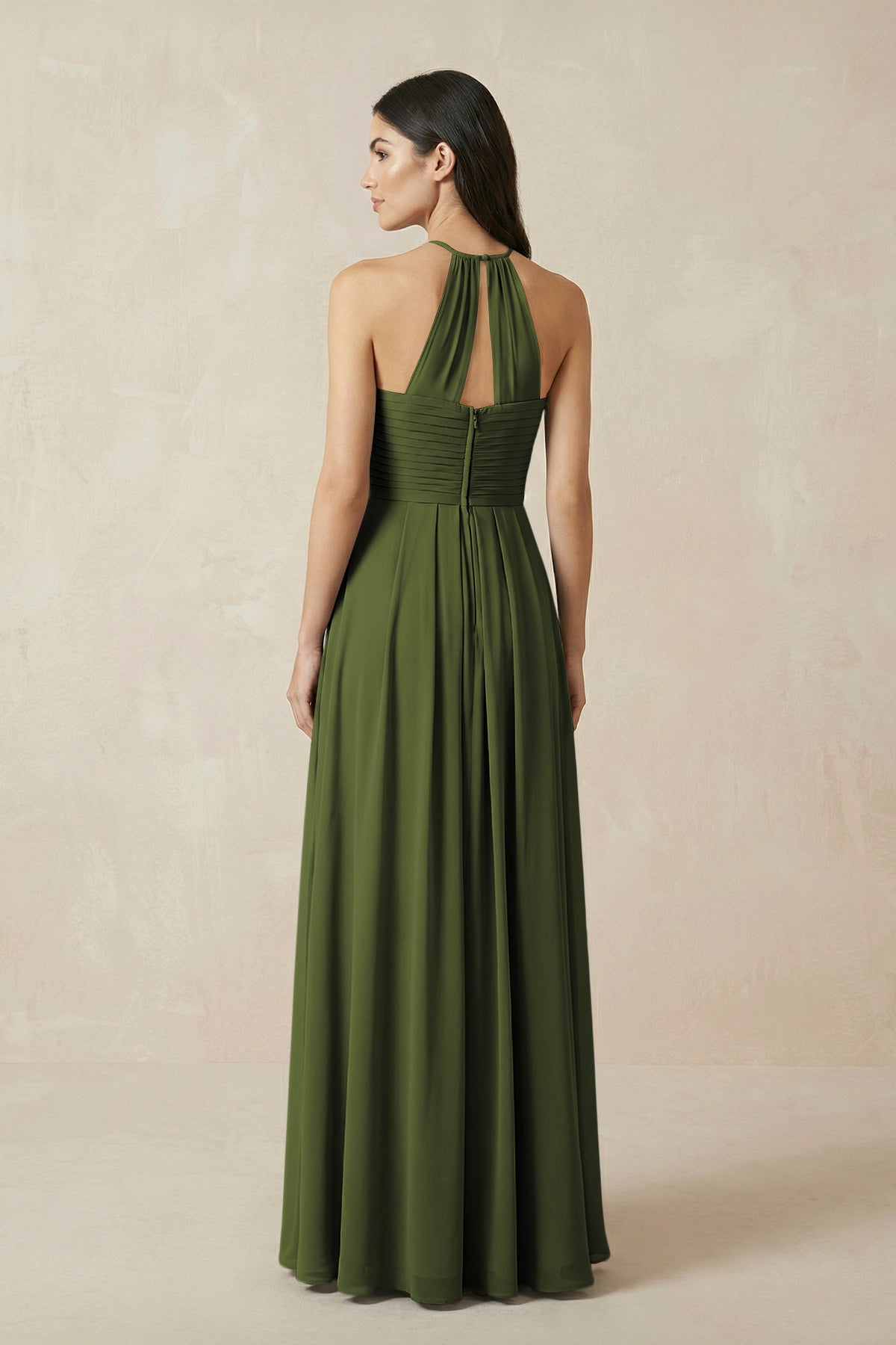 A-Line Halter Neck Pleated Chiffon Bridesmaid Dress in Olive