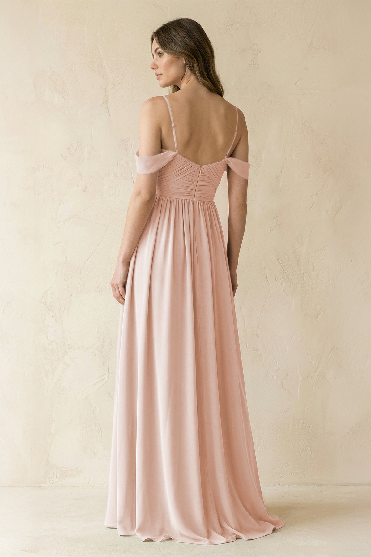 A-Line Off-the-Shoulder Pleated Chiffon Bridesmaid Dress in Pale Blush