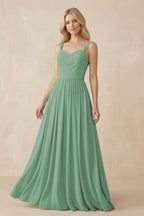 A-Line Pleated Long Chiffon Bridesmaid Dress in Sea Glass