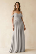 A-Line Off-the-Shoulder Pleated Chiffon Bridesmaid Dress in Silver