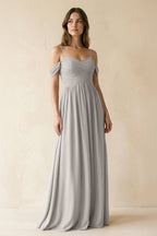A-Line Off-the-Shoulder Pleated Chiffon Bridesmaid Dress in Silver