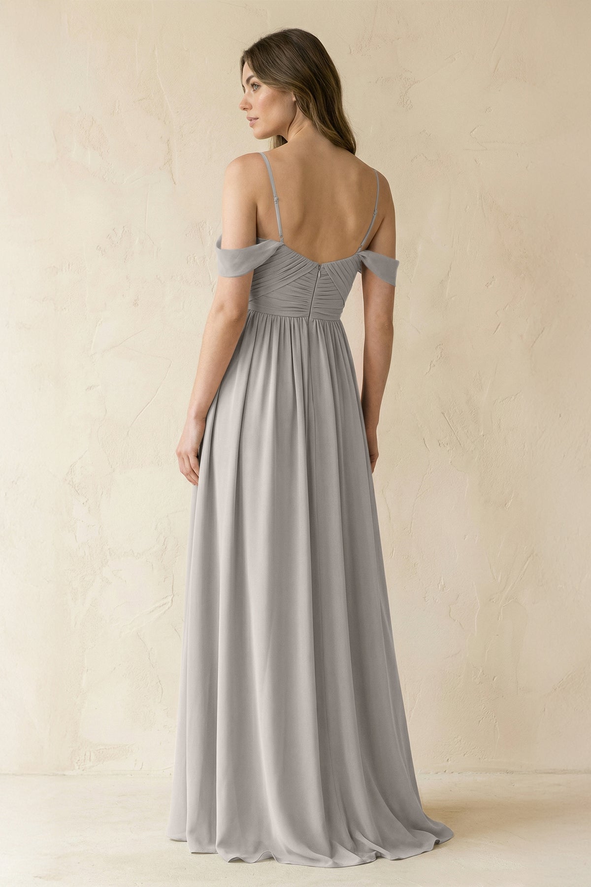 A-Line Off-the-Shoulder Pleated Chiffon Bridesmaid Dress in Silver