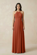 A-Line Halter Neck Pleated Chiffon Bridesmaid Dress in Spice