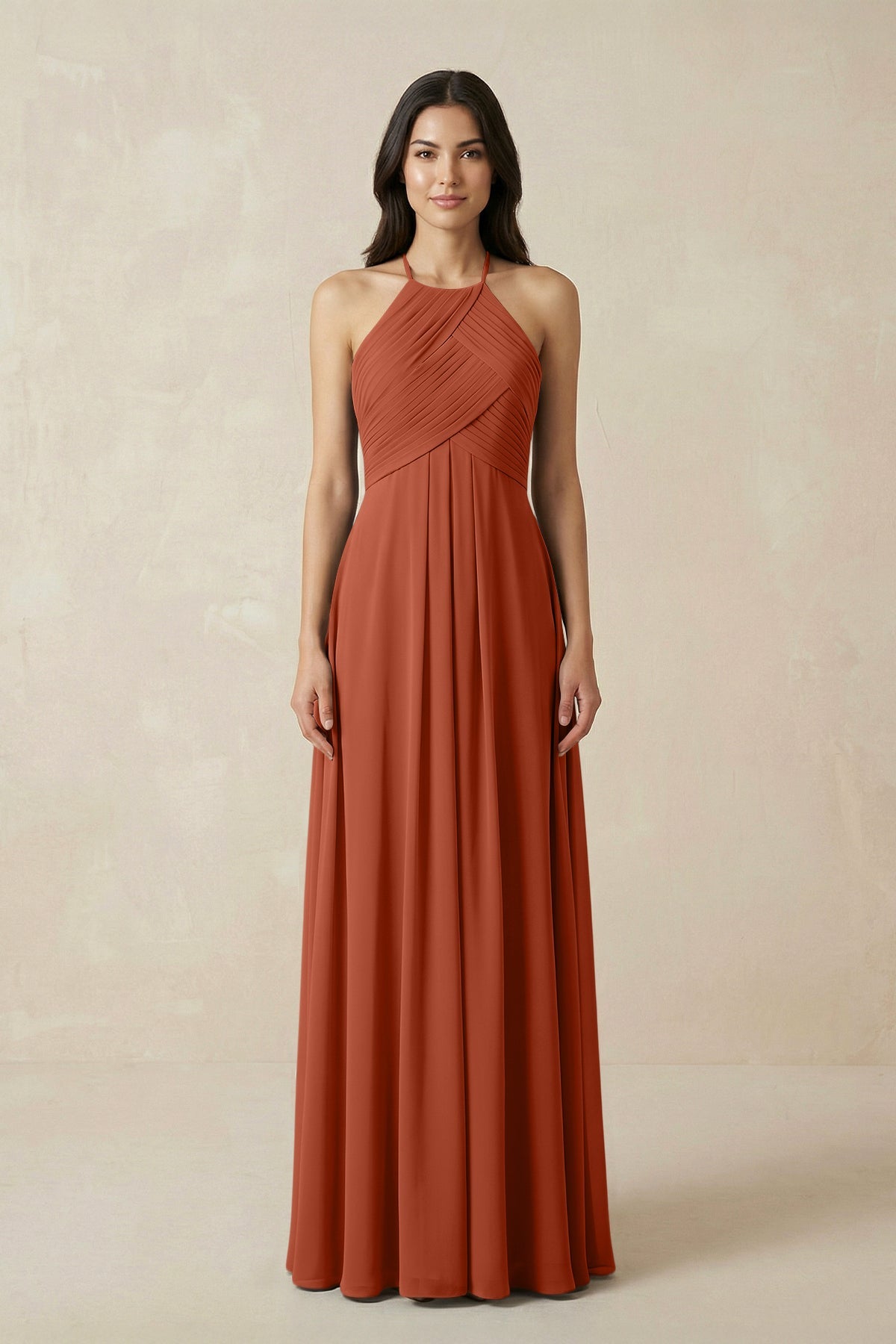 A-Line Halter Neck Pleated Chiffon Bridesmaid Dress in Spice