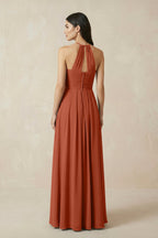 A-Line Halter Neck Pleated Chiffon Bridesmaid Dress in Spice