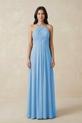 A-Line Halter Neck Pleated Chiffon Bridesmaid Dress in Steel Blue