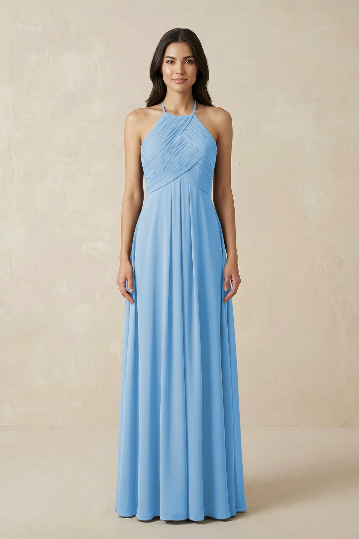 A-Line Halter Neck Pleated Chiffon Bridesmaid Dress in Steel Blue