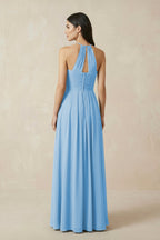 A-Line Halter Neck Pleated Chiffon Bridesmaid Dress in Steel Blue