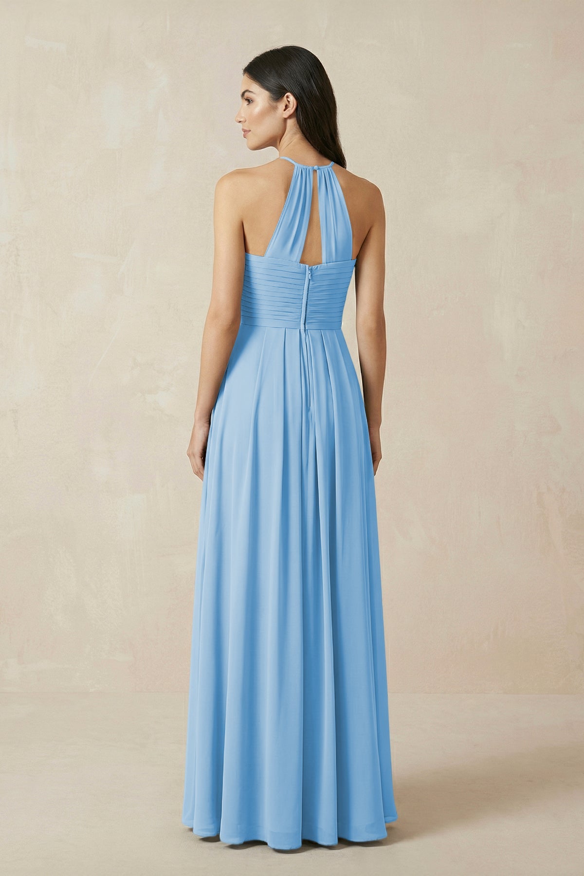 A-Line Halter Neck Pleated Chiffon Bridesmaid Dress in Steel Blue