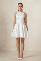 A-Line Halter Neck Satin Ruched Wedding Dress in White